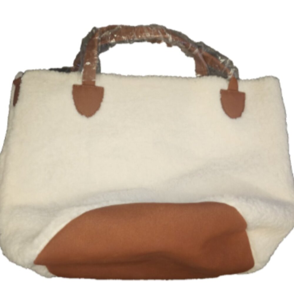 Venus Oversized White Sherpa Tote Bag with Faux Leather Accents & Strap | New